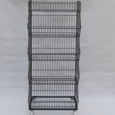 Versatile 5-Tier Metal Wire Basket Stand for Supermarket Snack Display in Metallic