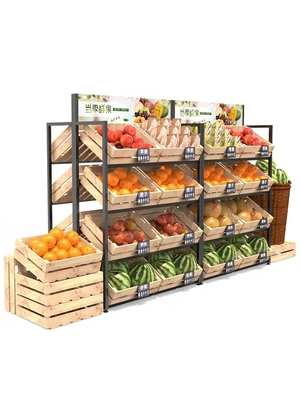 Metal Multifunction Wooden Wine Fruit Vegetable Display Shelves For Grocery Shop
